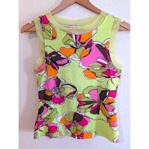Kay Celine Lime Green Floral Mesh Trim Sleeveless Tank Top Womens Small